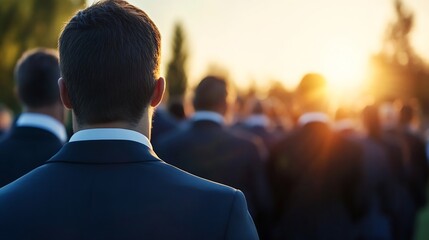 Obraz premium A businessman in a dark suit stands with his back to the camera, observing a large crowd silhouetted against a vibrant sunset. : Generative AI