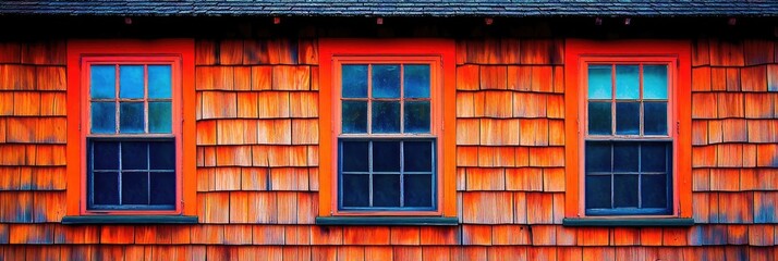 Obraz premium Three windows in an orange-toned shingle house