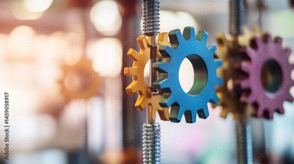 Fototapete close-up of colorful interlocking gears on a metallic rod, symbolizing teamwork, collaboration, and 