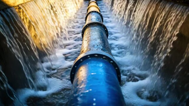 Water flow in large blue industrial pipe with splashing and metal flanges in channel