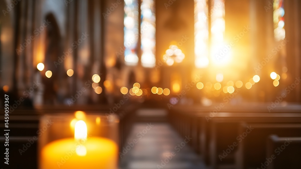Aufkleber a single lit candle sits in the foreground, softly illuminating the rows of pews in a dimly lit chur