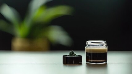 Close-up of a dark cosmetic jar and powder.