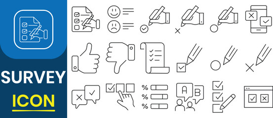 Survey icon vector set. Icons for feedback, opinion, questionnaire, poll, research, data collection, review, satisfaction, answers, task, list, clipboard, unhappy, checklist. Vector  illustration.