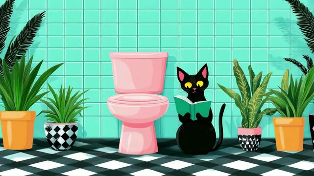 Curious black cat reads among greenery in vibrant bathroom setting