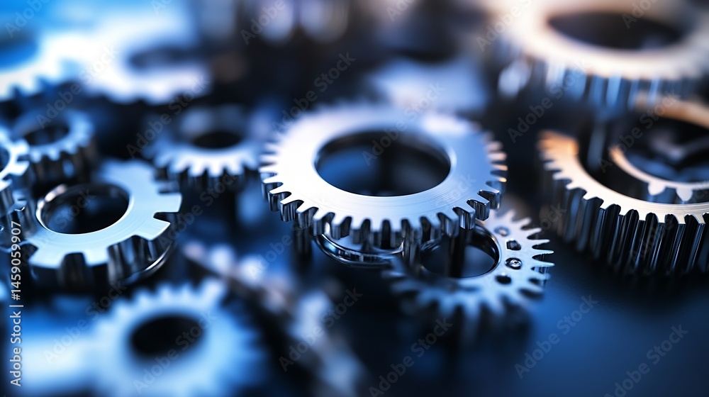 Aufkleber Close-up view of intricate metal gears, precisely meshed, showcasing industrial engineering and complex machinery.  The image highlights the detailed craftsmanship and smooth metallic  : Generative AI
