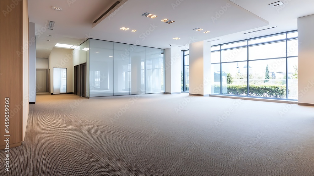 Poster modern empty office space with large windows and glass partition, showcasing neutral beige carpet an