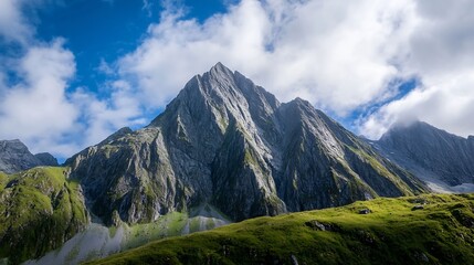 Fototapeta premium Majestic grey mountain peak under a partly cloudy blue sky, showcasing rugged texture and vibrant green alpine meadows. : Generative AI