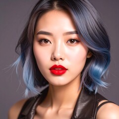 Fototapeta premium Fashion Portrait Of A Beautiful Young Asian Woman with bright Red Lipstick 