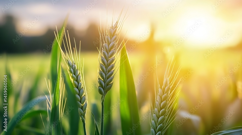 Poster three wheat stalks illuminated by the warm glow of a setting sun, showcasing the intricate details o