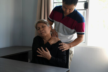 Showing the helping hands between Physiotherapist doctor and elderly patient, empathy and...
