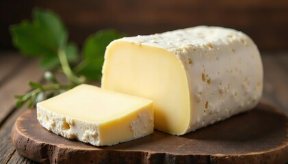 Soft goat cheese log, bloomy rind, pristine white setting , macro, soft cheese, breakfast