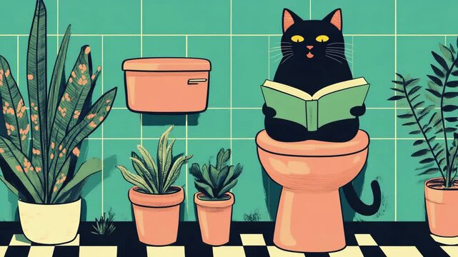 Curious cat enjoys reading in vibrant bathroom with houseplants