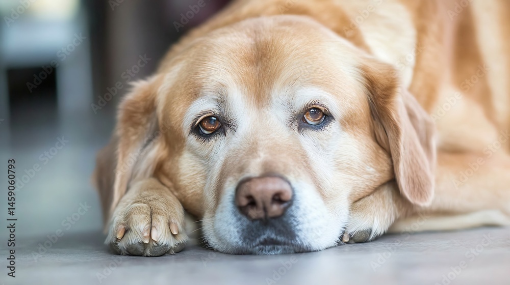 Poster close-up portrait of a senior golden retriever dog resting on the floor, showing its gentle eyes and