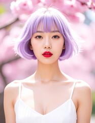 Naklejka premium Fashion Portrait Of A Beautiful Young Asian Woman with bright Red Lipstick 