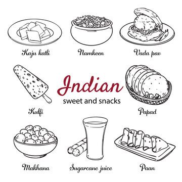 Set of hand drawn Indian sweet and snack outline drawing illustration