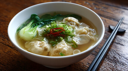Delicious Asian Noodle Soup: A visually appealing photograph of a hearty bowl of authentic Asian noodle soup. The soup is filled with fresh wontons, vibrant greens, and aromatic spices.