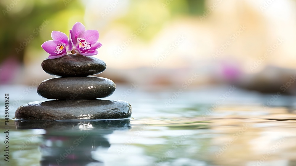 Poster serene spa scene: pink orchids atop a balanced stack of smooth, dark grey stones, nestled gently in 