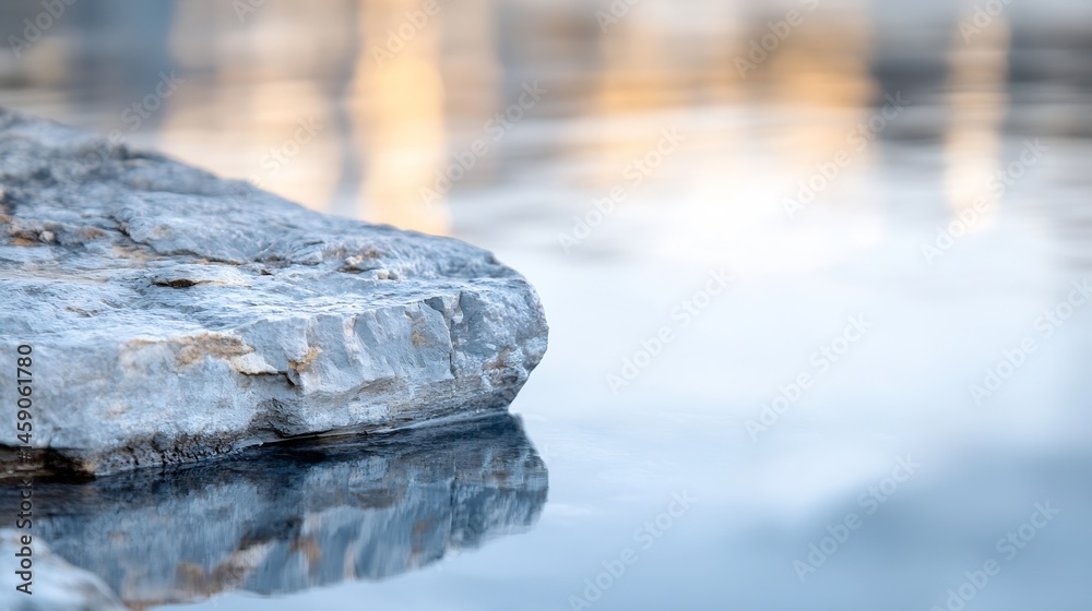 Poster serene reflection of a grey rock in calm, blue water, creating a tranquil and peaceful scene at dawn