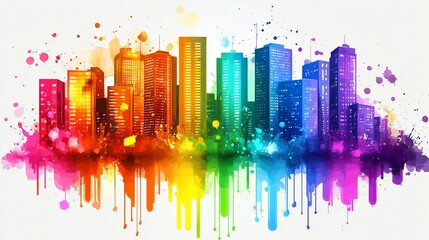 Obraz premium Vibrant cityscape watercolor painting with rainbow hues