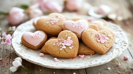Heart-shaped cookies decorated with pink icing and sprinkles