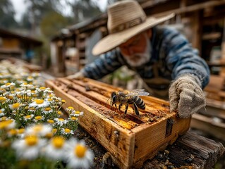 Beekeeper in protective gear inspecting a wooden hive box in springtime