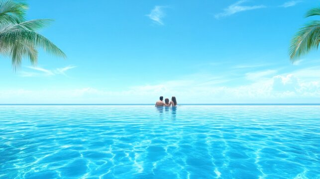 Family relaxing in tropical infinity pool overlooking ocean