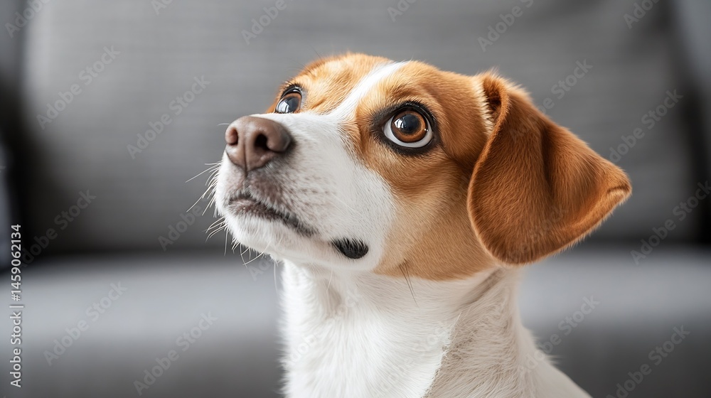 Poster close-up portrait of a beagle puppy looking up, showcasing its expressive brown eyes and soft fur. t