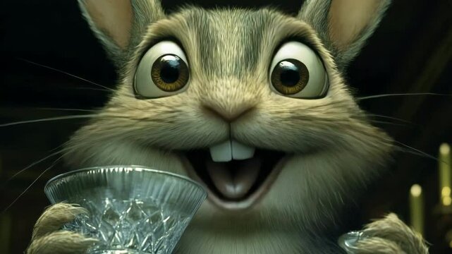 Adorable rabbit joyfully celebrates with crystal glass, capturing charming expressions