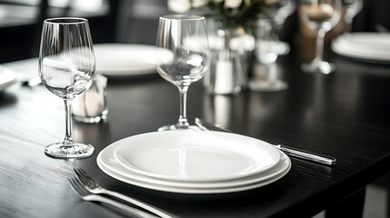 Elegant Dinner Table Setting:  A Close-Up View of Pristine White Plates, Gleaming Cutlery, and Crystal Wine Glasses on a Polished Dark Table