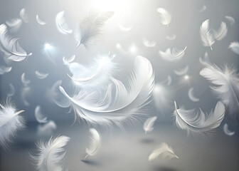 Floating white feathers on a clean light background generative ai