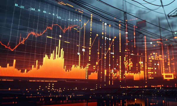 A digital display showing the stock market chart with an electric power grid in the background, 