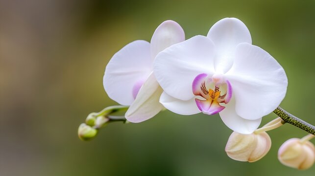 Close-up of two elegant white phalaenopsis orchids with subtle pink and yellow centers, blooming gracefully on a green stem, delicate buds visible. : Generative AI