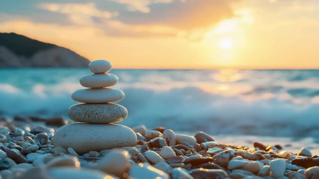 Stacked stone and white pebbles on beach with ocean water and warm sunset light