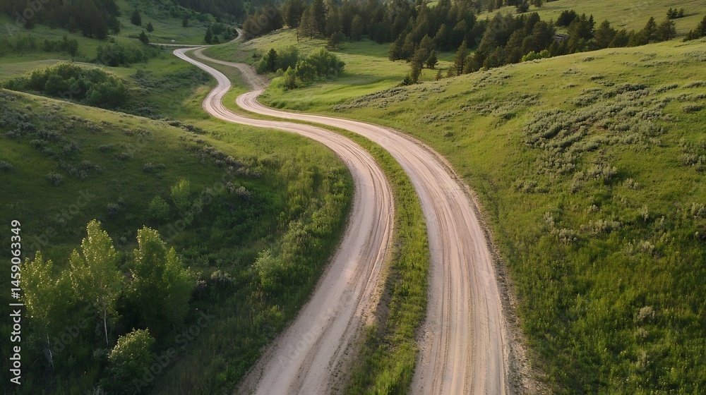 Aufkleber aerial view of a winding dirt road traversing a lush green landscape, showcasing rolling hills and a