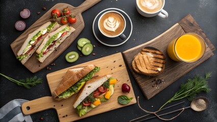 Delightful Healthy Breakfast Ideas Featuring Fresh Sandwiches, Grilled Toast, Coffee, and Orange Juice for Morning Inspiration.
