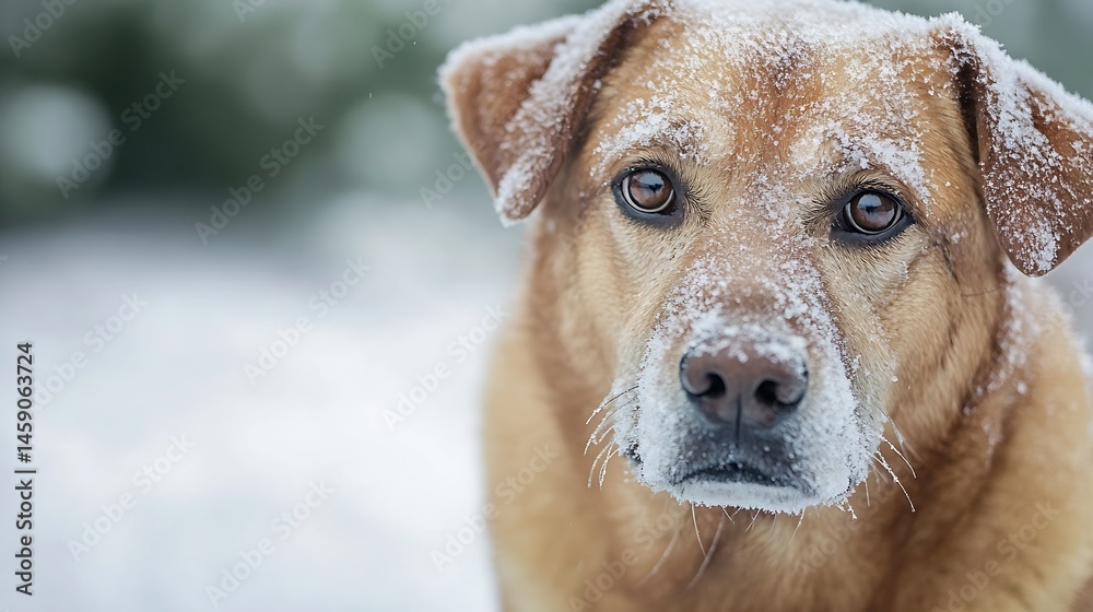 Poster close-up portrait of a golden retriever dog covered in snow, looking directly at the camera with a s