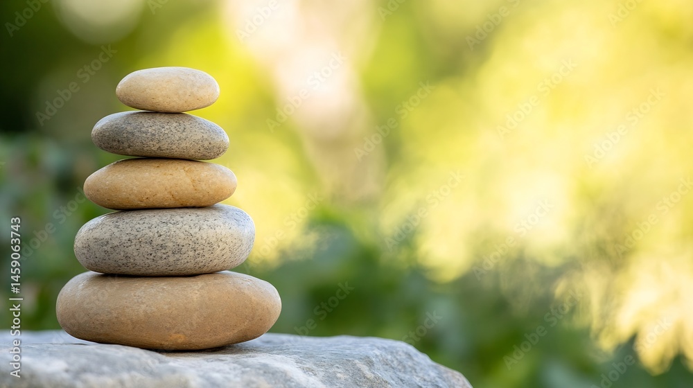 Leinwandbilder serene stack of smooth stones balanced on a rock against a soft green bokeh background, evoking tran
