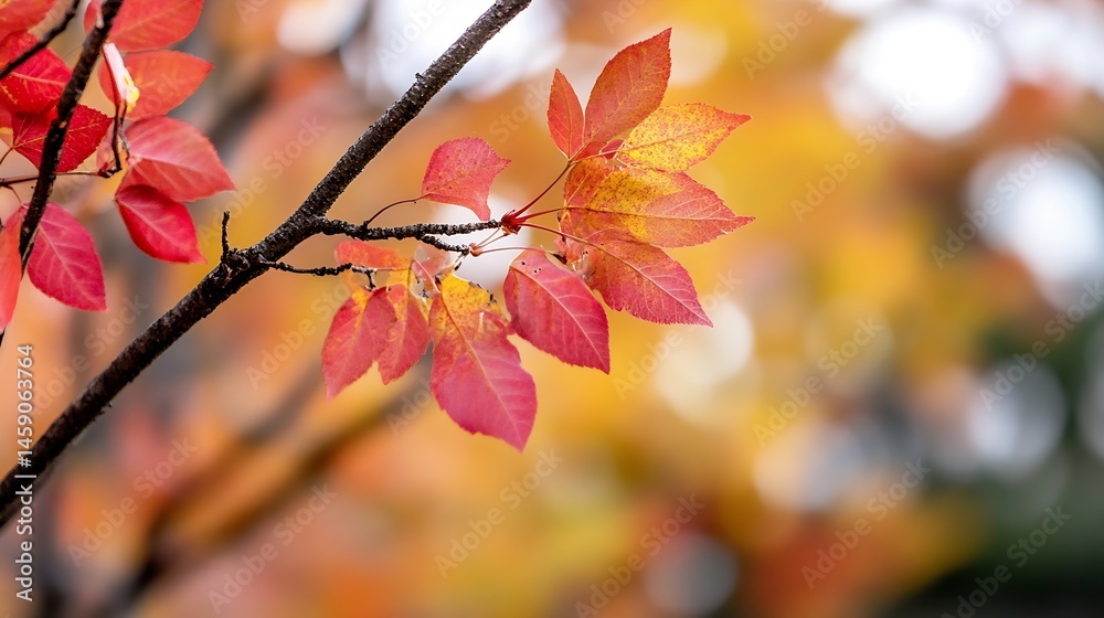 Fototapete close-up of vibrant red and orange autumn leaves on a branch, showcasing the intricate details of th