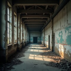 The abandoned buildings long hallway with peeling paint on the walls
