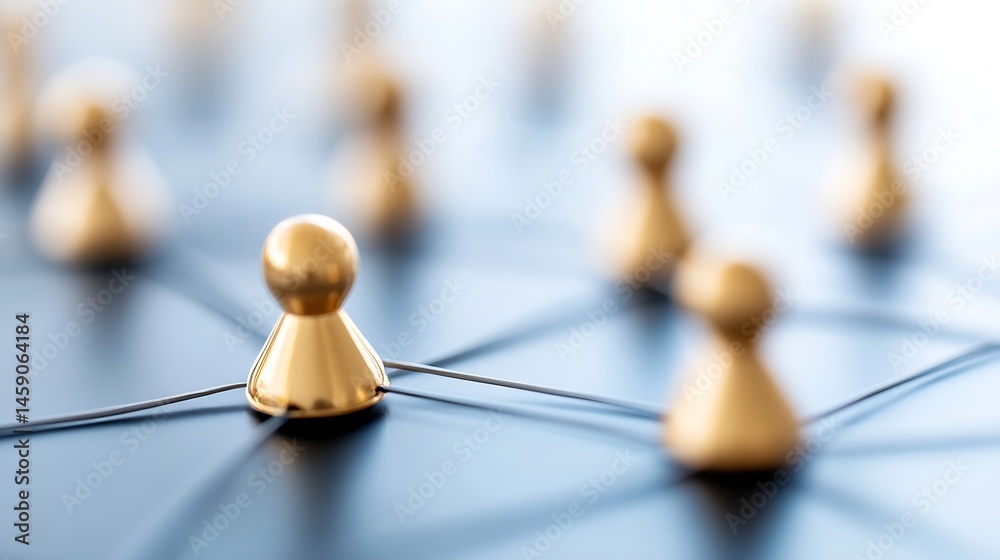 Fototapete Golden pawns connected by thin lines on a dark blue surface, representing a network or interconnected system.  A central pawn is in sharp focus, while others are blurred, suggesting hi : Generative AI