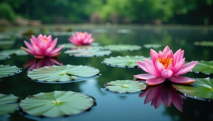 Water lilies form a floral pattern across a still lake surface , nature, green, water lily