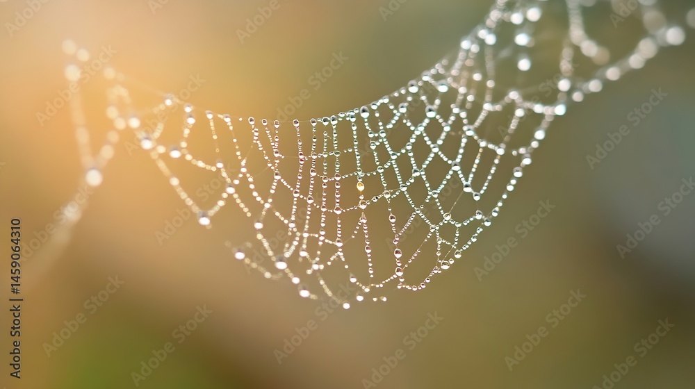 Poster close-up of a spiderweb glistening with morning dew, sunlight illuminating the delicate strands and 