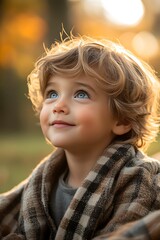 Fototapeta premium Golden Hour Toddler: A charming toddler with curly blond hair and bright blue eyes gazes upward, bathed in the warm, golden light of the setting sun.