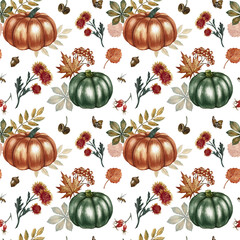 Seamless autumn pattern with pumpkins, leaves and flowers. Handmade watercolor illustration. Color image. For packaging, decor, textiles, wallpaper. As well as for printing and wrapping paper.