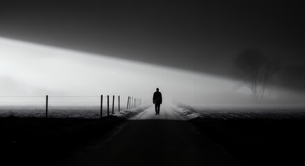 Fototapeta premium Solitary Figure Walks Down Foggy Road in Black and White Landscape