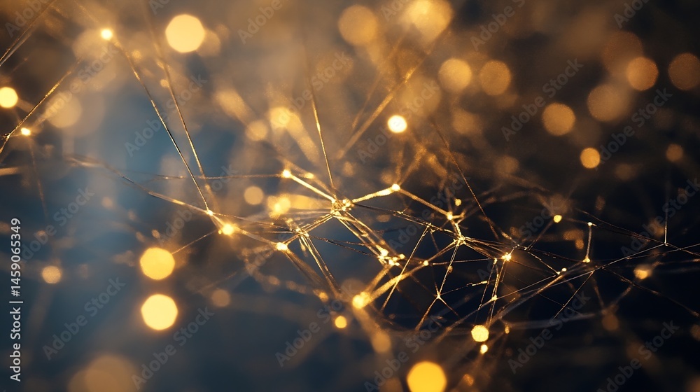 Poster Abstract network of glowing golden lines and bokeh lights, creating a futuristic or technological feel.  The image evokes themes of connection, innovation, and digital transformation. : Generative AI