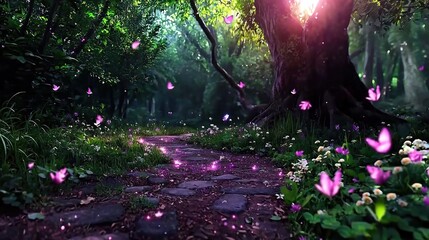 Enchanting forest path filled with glowing butterflies.