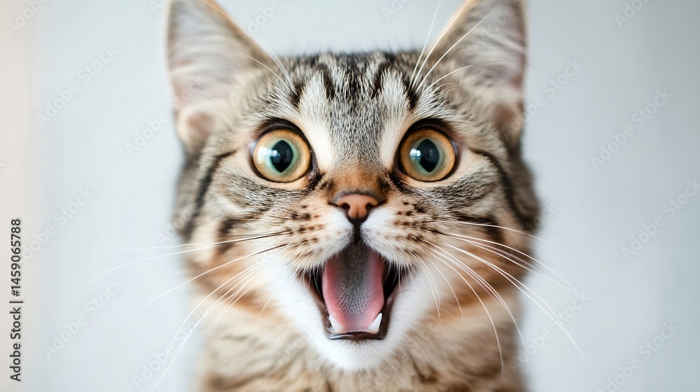 Poster close-up portrait of a tabby cat with wide eyes and open mouth, showing surprise or excitement. the 