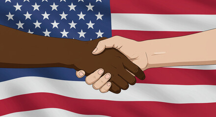 Unity and Equality Illustration with American Flag Background and Interracial Handshake for Civil Rights Concept