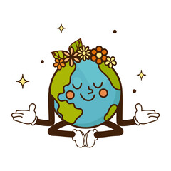Earth character in a meditative yoga pose and peaceful smile, surrounded by stars and sparkles, perfect for eco friendly designs, Earth Day , wellness content, and environmental .Vector illustration